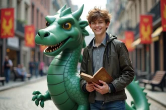 Jeune homme avec veste moderne et statue de dragon en ville