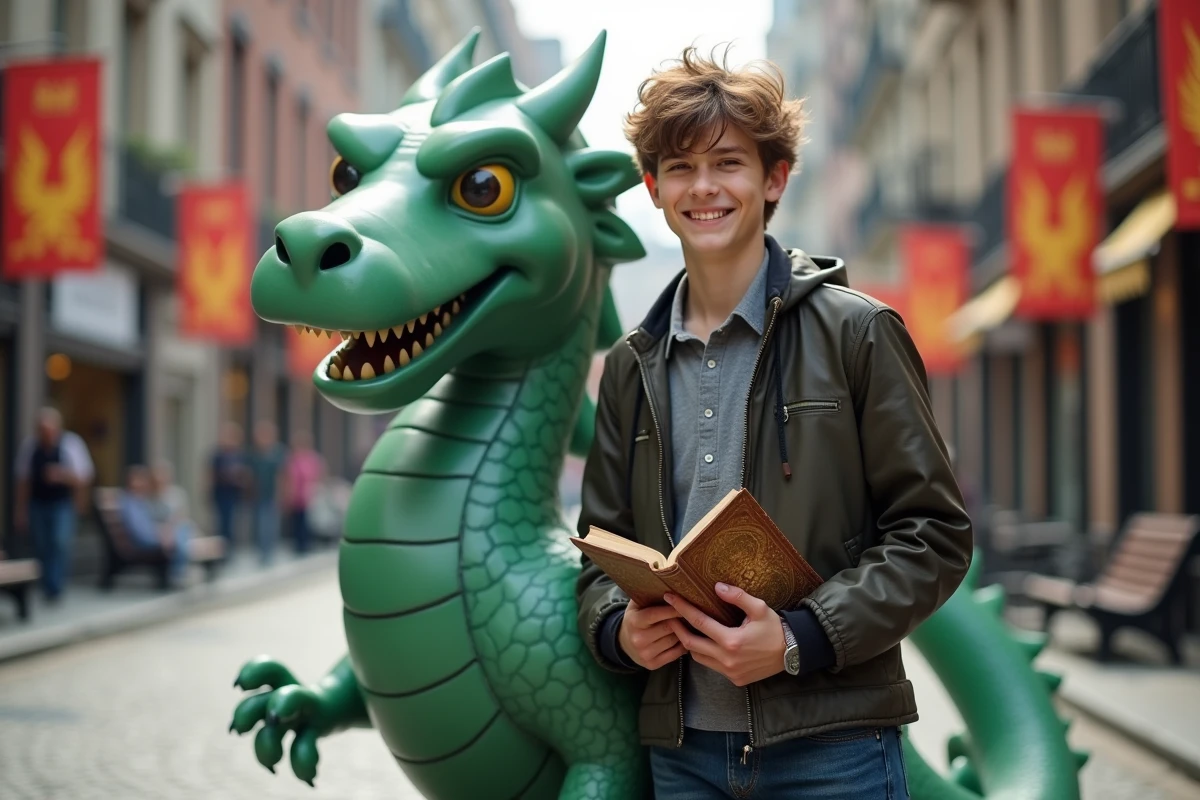 Jeune homme avec veste moderne et statue de dragon en ville