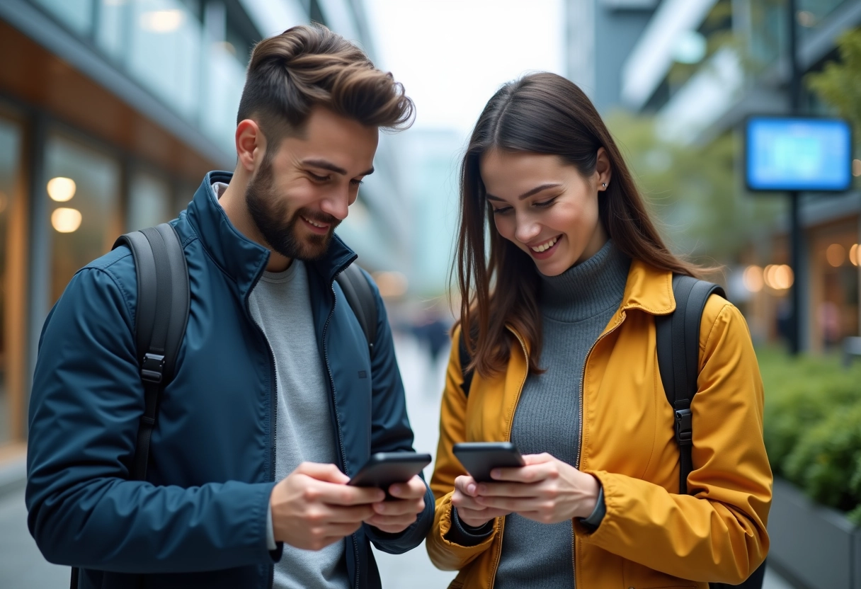 Un homme et une femme discutent avec smartphones devant un bâtiment technologique