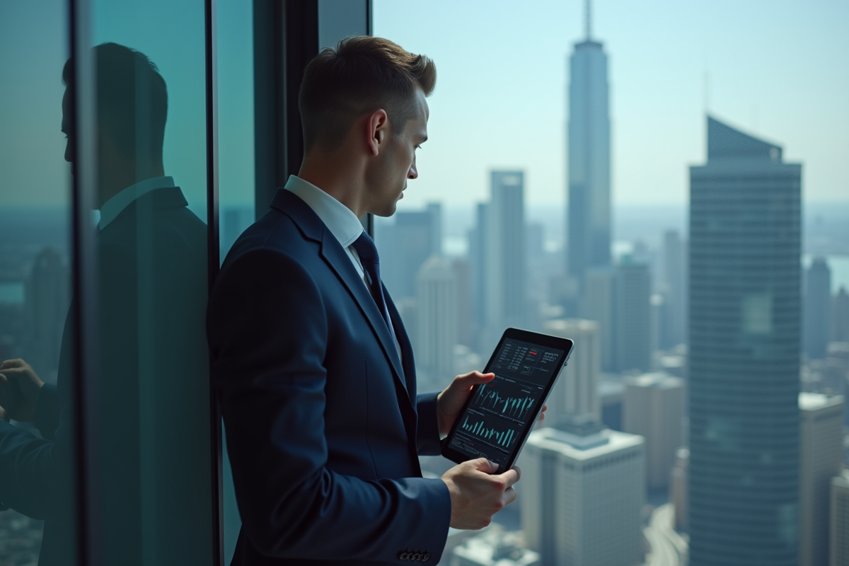 Jeune homme d affaires avec tablette et skyline