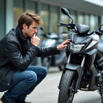Jeune homme examine une moto 125cc dans un concessionnaire