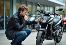Quels facteurs influencent le prix d’une moto de 125 cm³ ? Jeune homme examine une moto 125cc dans un concessionnaire