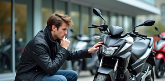 Quels facteurs influencent le prix d’une moto de 125 cm³ ? Jeune homme examine une moto 125cc dans un concessionnaire