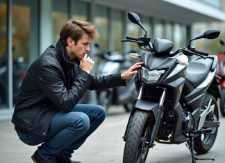 Quels facteurs influencent le prix d’une moto de 125 cm³ ? Jeune homme examine une moto 125cc dans un concessionnaire