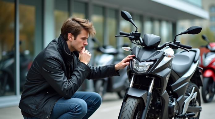 Jeune homme examine une moto 125cc dans un concessionnaire
