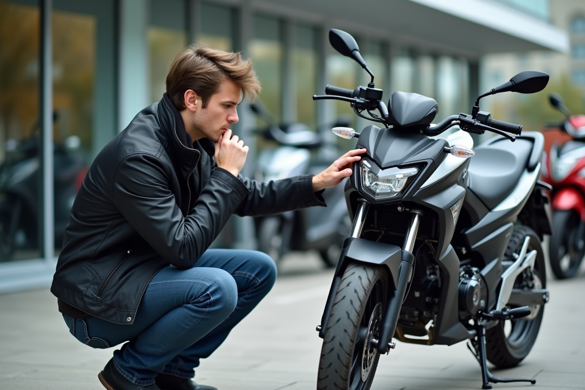Jeune homme examine une moto 125cc dans un concessionnaire