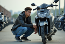 Jeune homme examine une moto 125cc en concession
