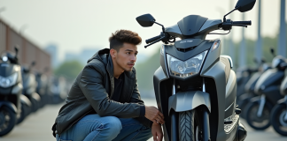 Jeune homme examine une moto 125cc en concession