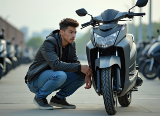 Prix d’une moto 125 cm³ : les critères à considérer Jeune homme examine une moto 125cc en concession