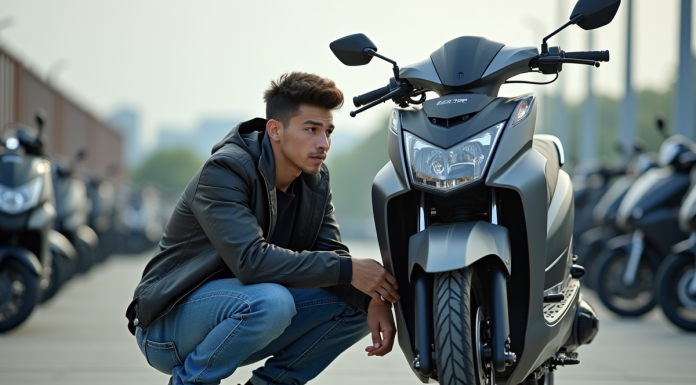 Jeune homme examine une moto 125cc en concession