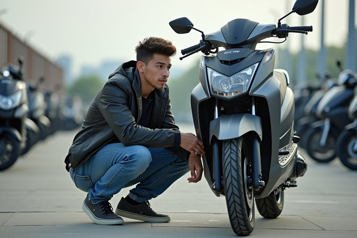 Jeune homme examine une moto 125cc en concession