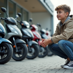 Adolescent devant motos 50 cc neuves devant un concessionnaire