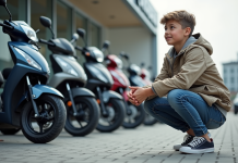 Comment choisir une moto 50 cc au meilleur prix ? Adolescent devant motos 50 cc neuves devant un concessionnaire