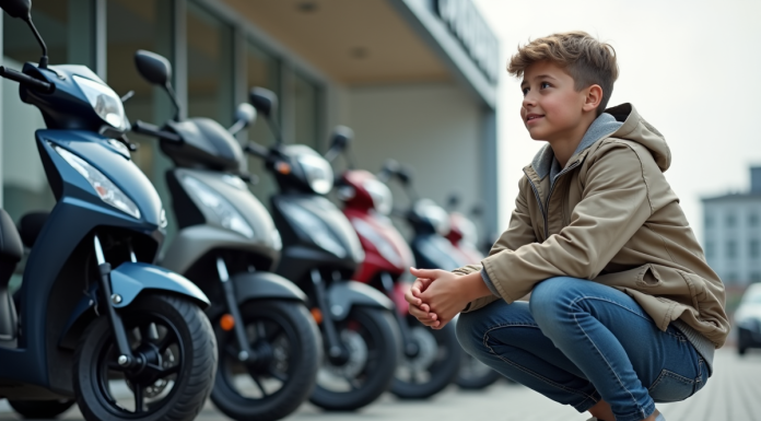 Adolescent devant motos 50 cc neuves devant un concessionnaire