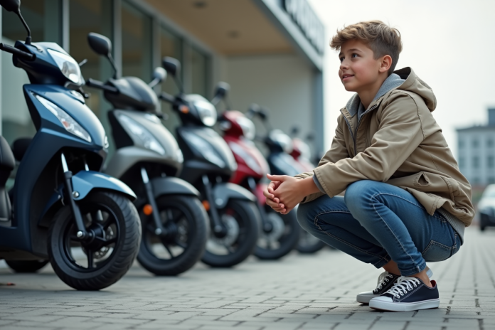 jeune-homme-motos-50cc-dealer Adolescent devant motos 50 cc neuves devant un concessionnaire