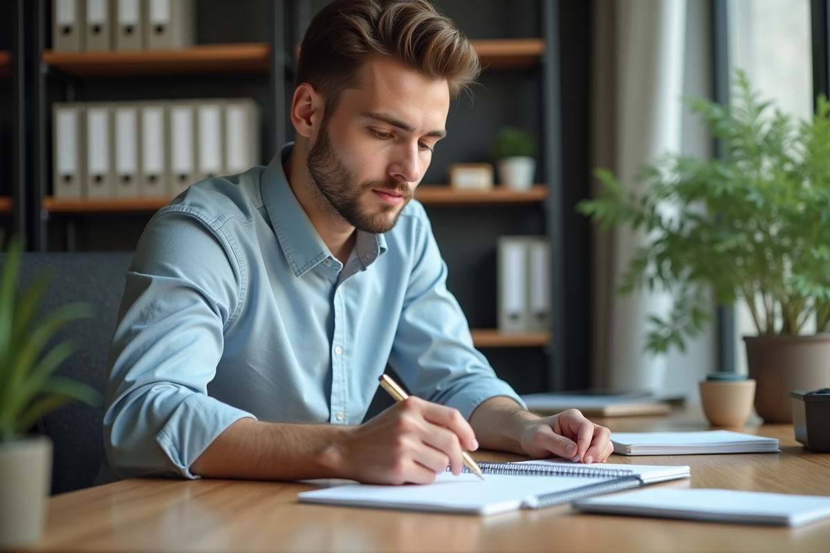 Jeune homme écrivant dans un carnet de comptabilité au bureau