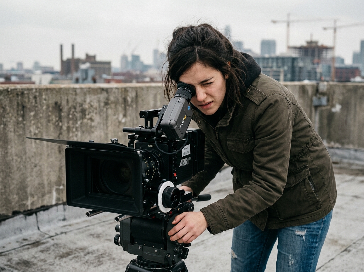 Jeune femme passionnée de cinéma filmant avec une caméra professionnelle sur un toit urbain, illustrant l'attrait des formations cinématographiques pour les jeunes talents