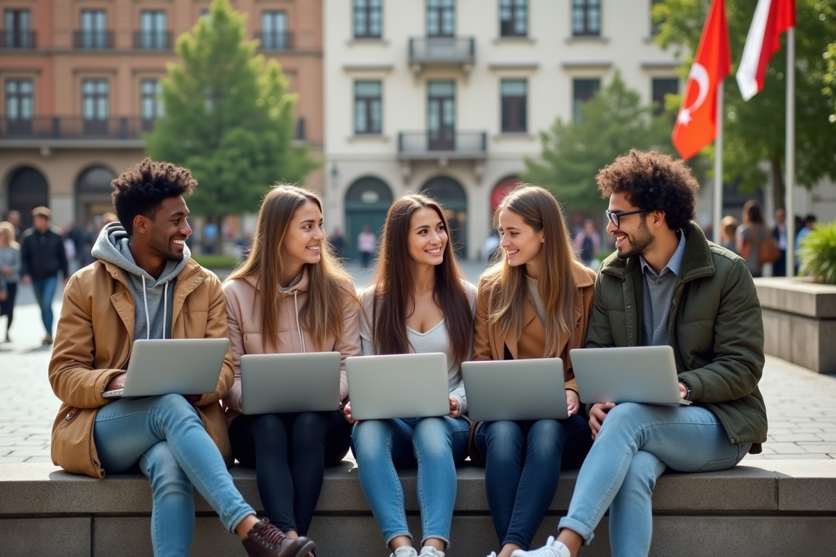 Groupe de jeunes discutant en extérieur avec drapeaux et ordinateurs portables