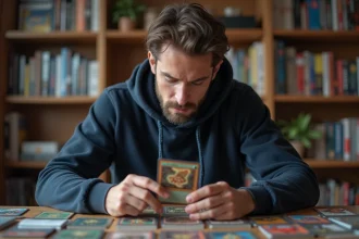 Joueur de Magic the Gathering examinant une carte rare sur un bureau couvert de cartes organisées en combos et synergies