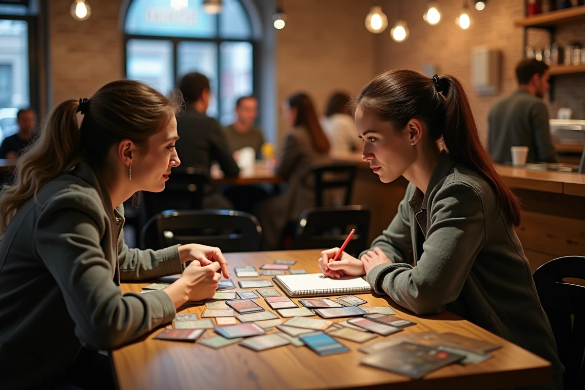 Deux joueuses analysant des filtres et synergies de cartes Magic the Gathering dans un café