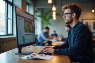 Journaliste numérique consultant un site d'actualités sportives dans une rédaction moderne
