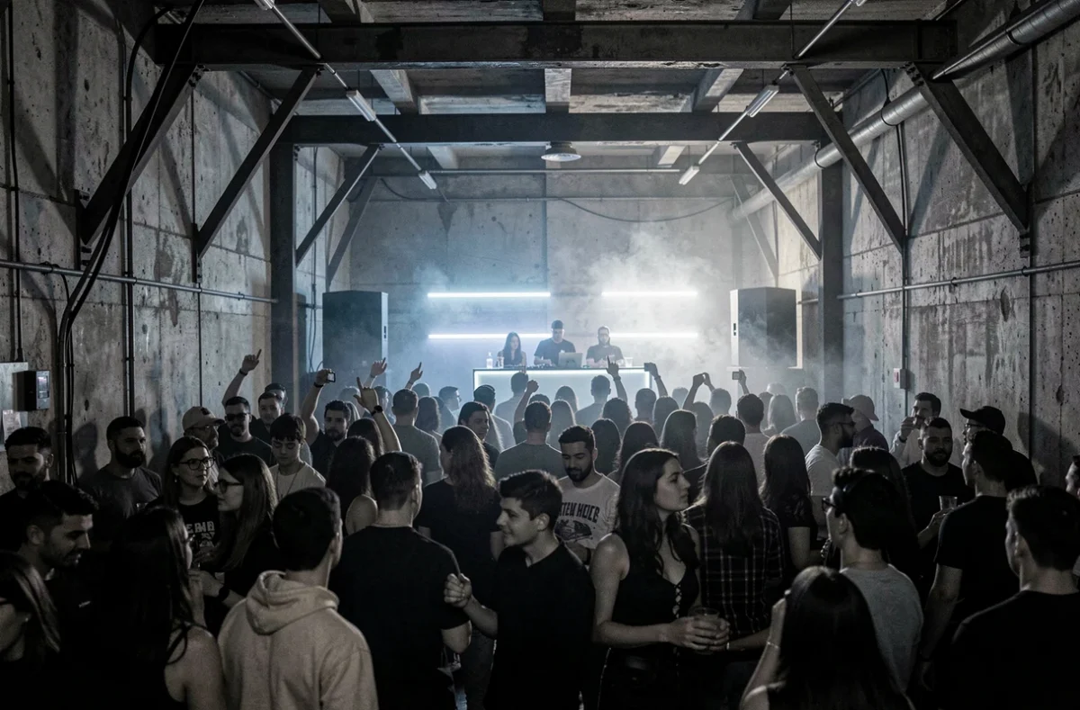 Intérieur d'un club techno underground avec des murs en béton brut et une foule dense sur la piste de danse