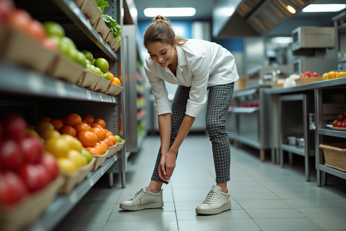Jeune femme en cuisine ajustant ses chaussures antidérapantes dans une cuisine