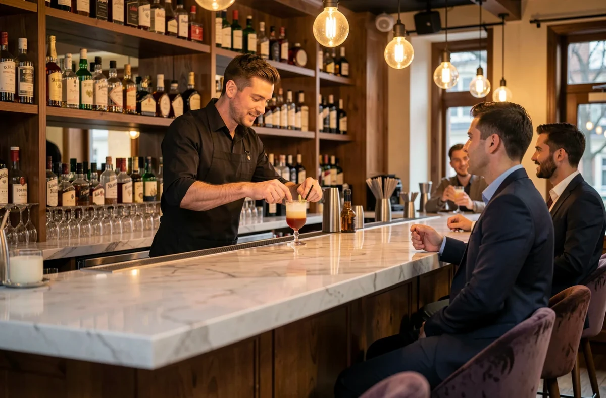 Bartender préparant un cocktail élaboré dans un bar-club intimiste avec un comptoir en marbre et une clientèle soignée