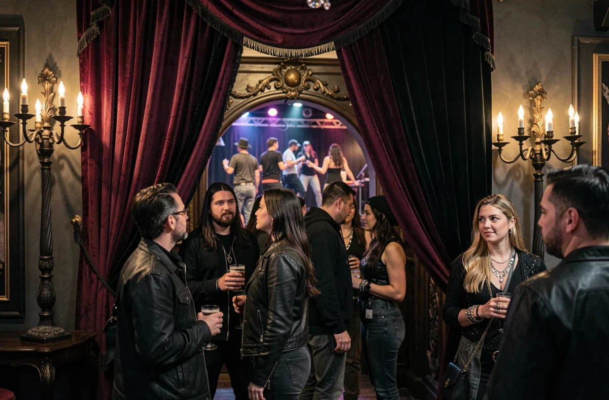 Intérieur d'un club alternatif avec un décor soigné en velours bordeaux, chandeliers et une clientèle au style sombre et élaboré