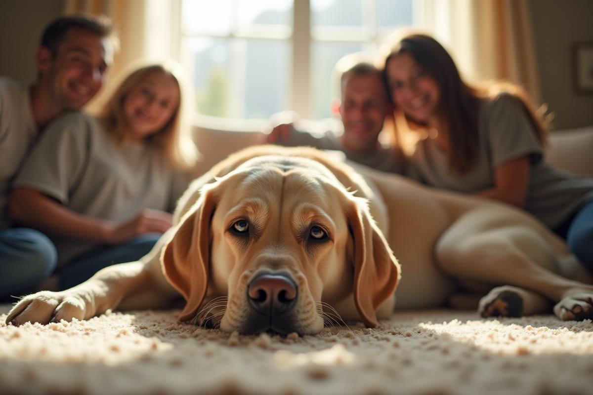 Labrador calme reposant sur un tapis dans le salon en famille