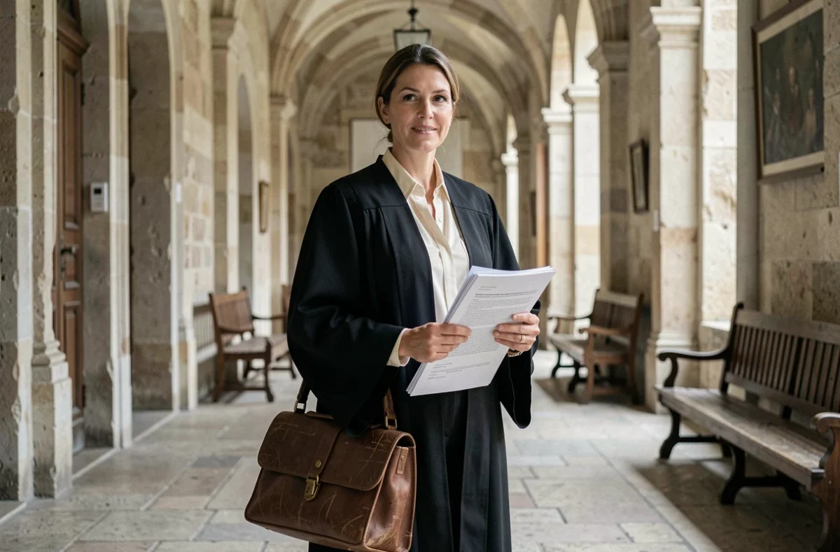 L'avocate Sandrine Lavergne en robe d'audience dans le couloir d'un palais de justice provençal