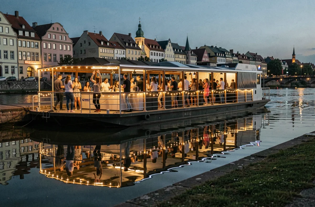 Boîte de nuit flottante sur l'Ill à Strasbourg avec des fêtards sur le pont et le reflet de la ville dans l'eau
