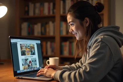 Jeune femme lisant des scans manga en français sur un ordinateur portable dans un bureau cosy