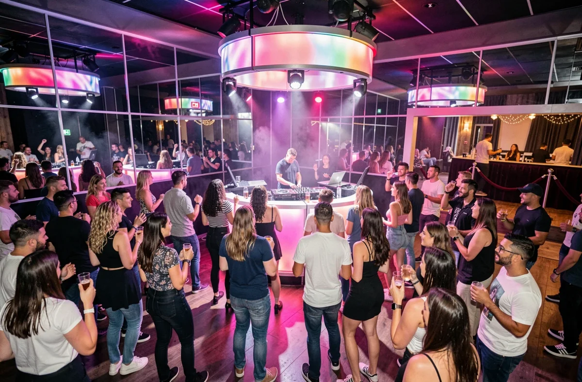 Piste de danse d'une discothèque généraliste en centre-ville de Strasbourg avec une foule diverse et un DJ booth coloré