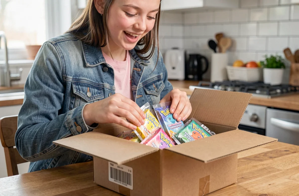 Adolescente ouvrant un colis livré à domicile contenant des boosters de cartes Pokémon commandés en ligne