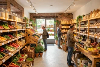 Intérieur d'un magasin bio en Centre-Val de Loire avec rayons de produits naturels et clients qui font leurs courses
