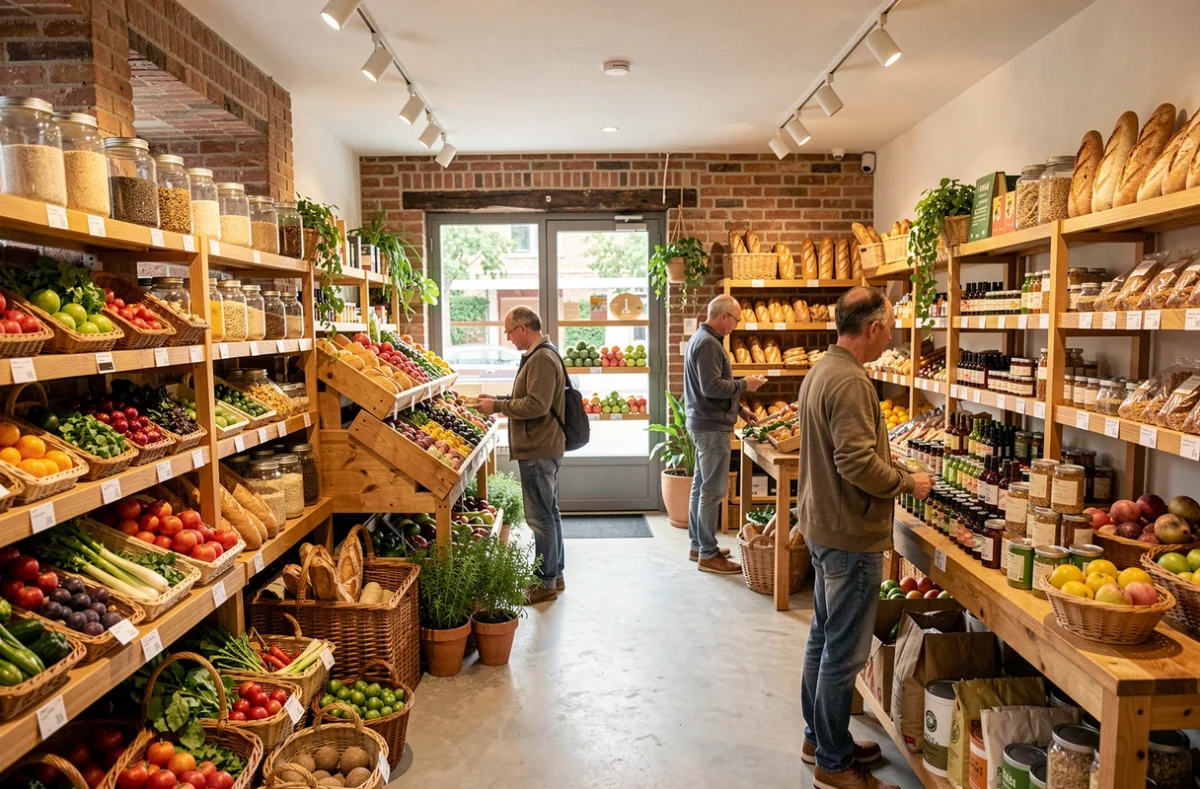 Intérieur d'un magasin bio en Centre-Val de Loire avec rayons de produits naturels et clients qui font leurs courses