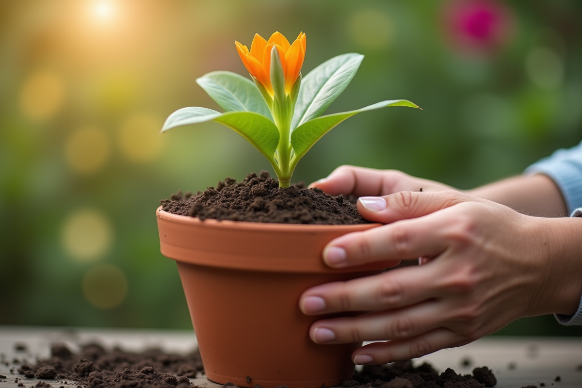 Mains plantant une fleur en U dans un pot en terre cuite en extérieur