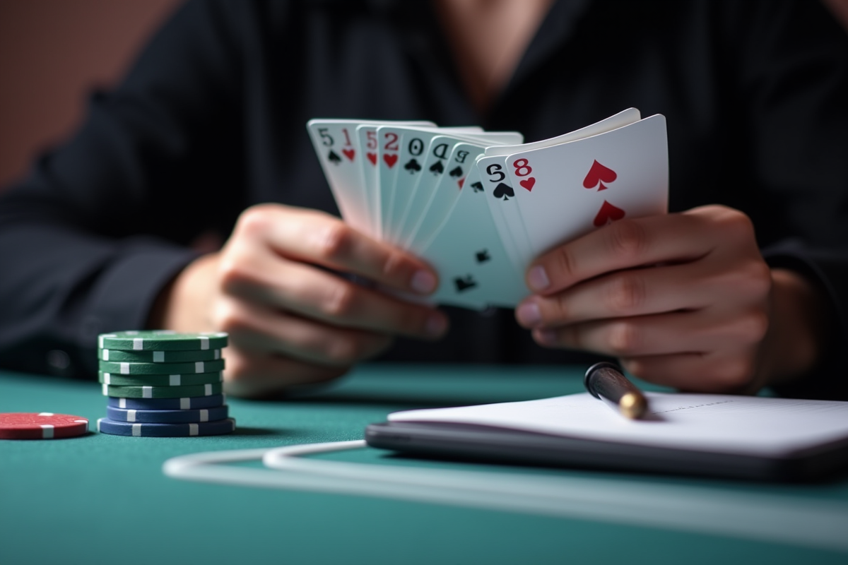 Mains tenant des cartes en fan avec jetons et carnet de notes