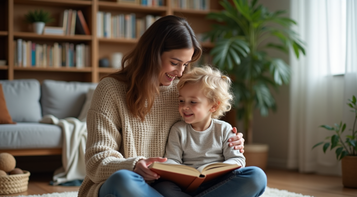 Éduquer son enfant avec bienveillance : conseils pratiques et efficaces Maman et son fils de 7 ans lisant ensemble dans le salon