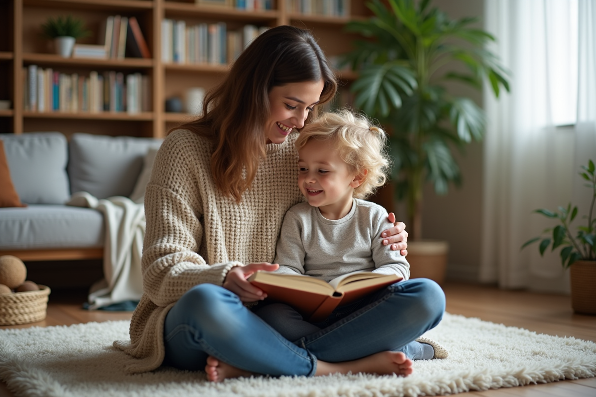 Maman et son fils de 7 ans lisant ensemble dans le salon