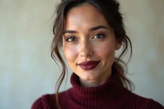 Femme aux lèvres bordeaux et maquillage chaud, portrait beauté réaliste sur fond neutre