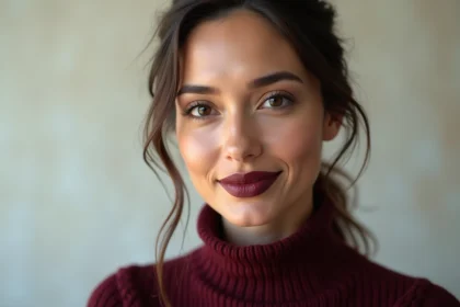 Femme aux lèvres bordeaux et maquillage chaud, portrait beauté réaliste sur fond neutre