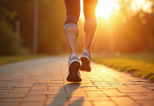 Jambes en marche rapide sur un chemin en plein air ensoleille