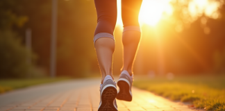Jambes en marche rapide sur un chemin en plein air ensoleille