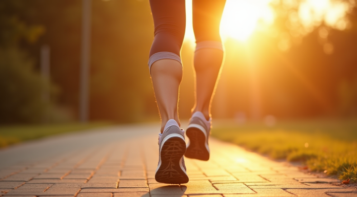 Jambes en marche rapide sur un chemin en plein air ensoleille