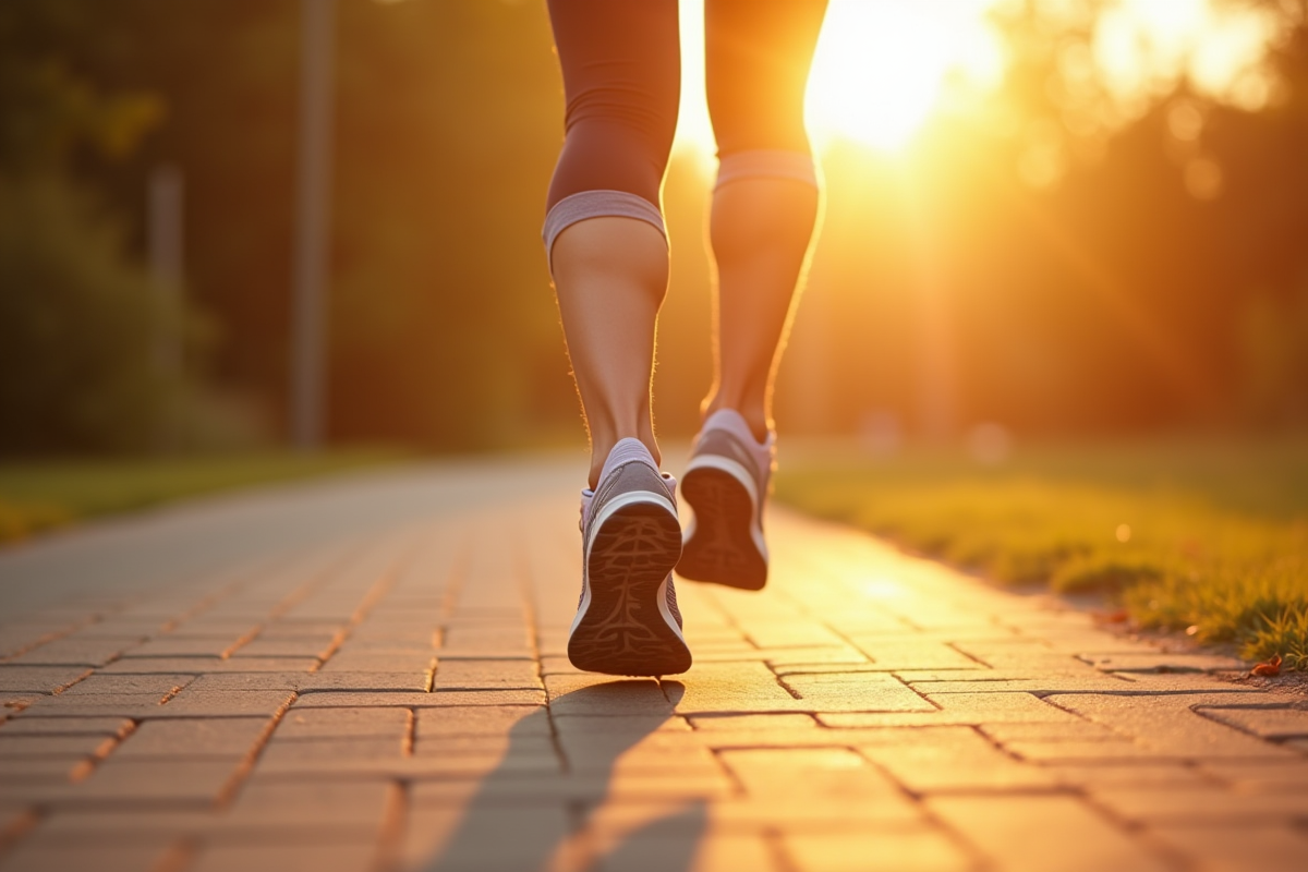 Jambes en marche rapide sur un chemin en plein air ensoleille