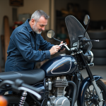 Mécanicien homme inspectant un moteur de moto 125cc en atelier urbain