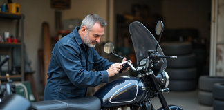 Mécanicien homme inspectant un moteur de moto 125cc en atelier urbain