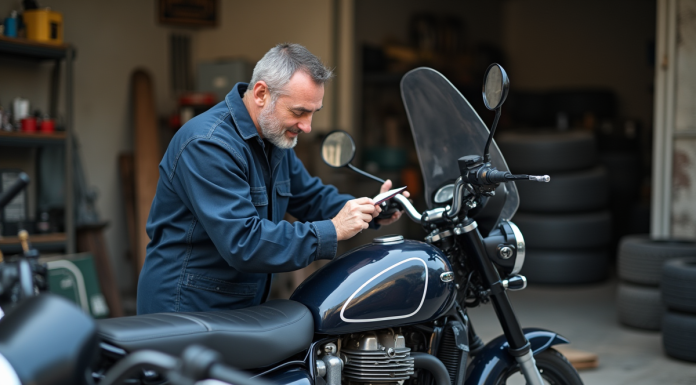 Mécanicien homme inspectant un moteur de moto 125cc en atelier urbain